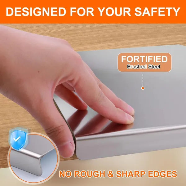 Stainless steel cutting board fortified brushed steel with no rough and sharp edges designed for safety

