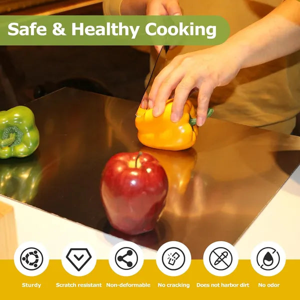 Stainless steel cutting board safe and healthy cooking features - sturdy, scratch resistant, non-deformable, no cracking, does not harbor dirt, no odor with bell peppers
